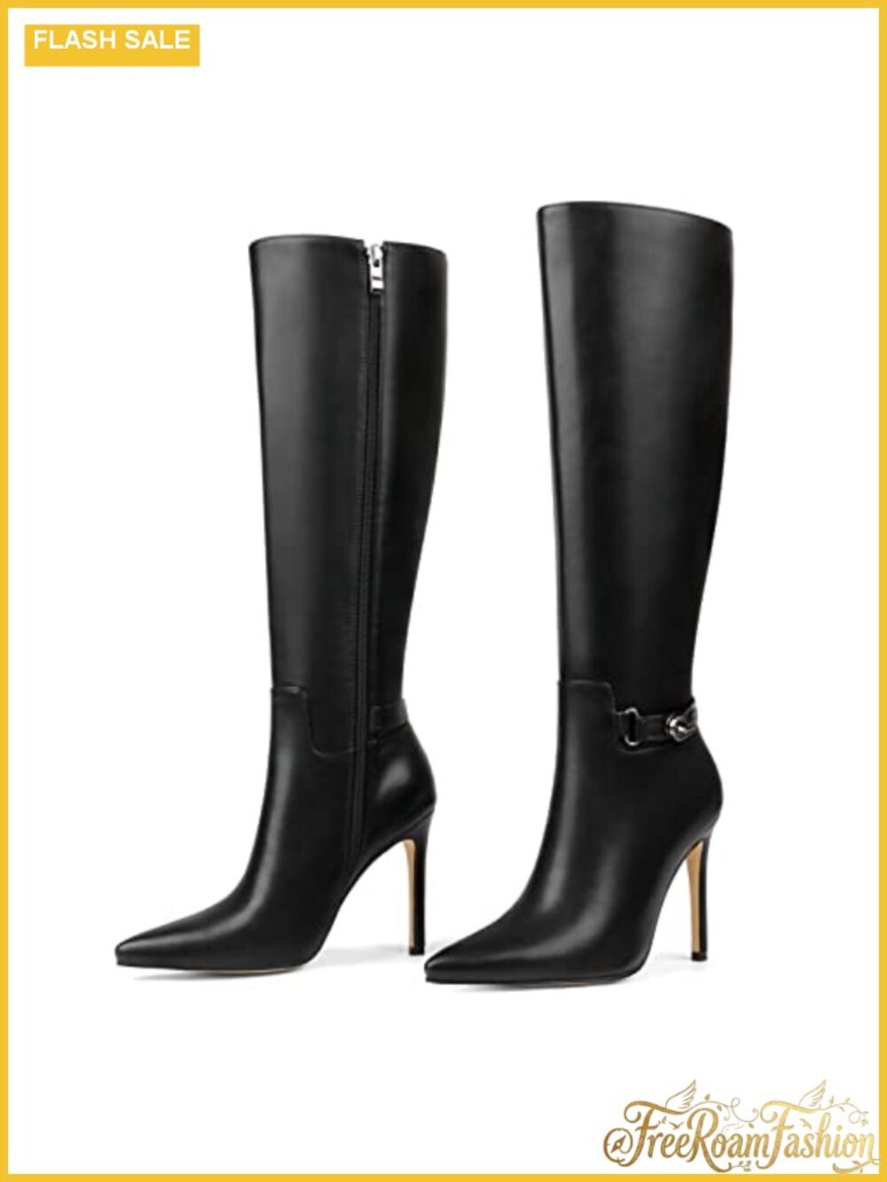 Women's Pointed Toe Stiletto Knee High Boots Faux Leather Buckle Slouch Tall